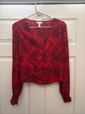 Red and Black Printed V-Neck Button up Blouse - Leith